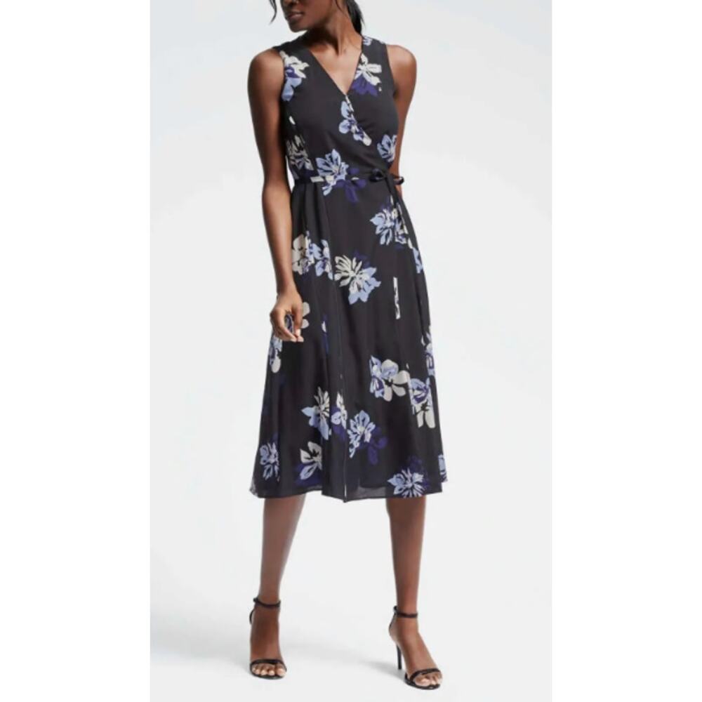 Banana Republic Floral Black Blue Sleeveless Wrap Knee Length Dress Sz L Tall